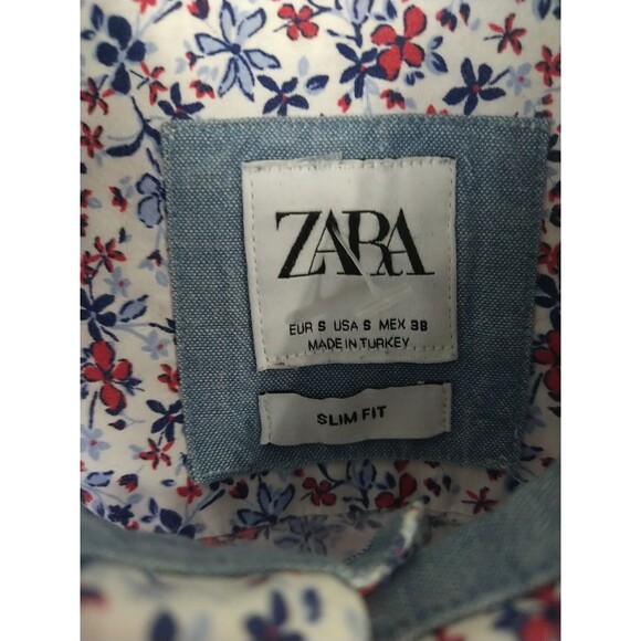 Zara Men Size S Floral Slim Fit Collared Button Shirt Red White Blue Patriot - Picture 2 of 8